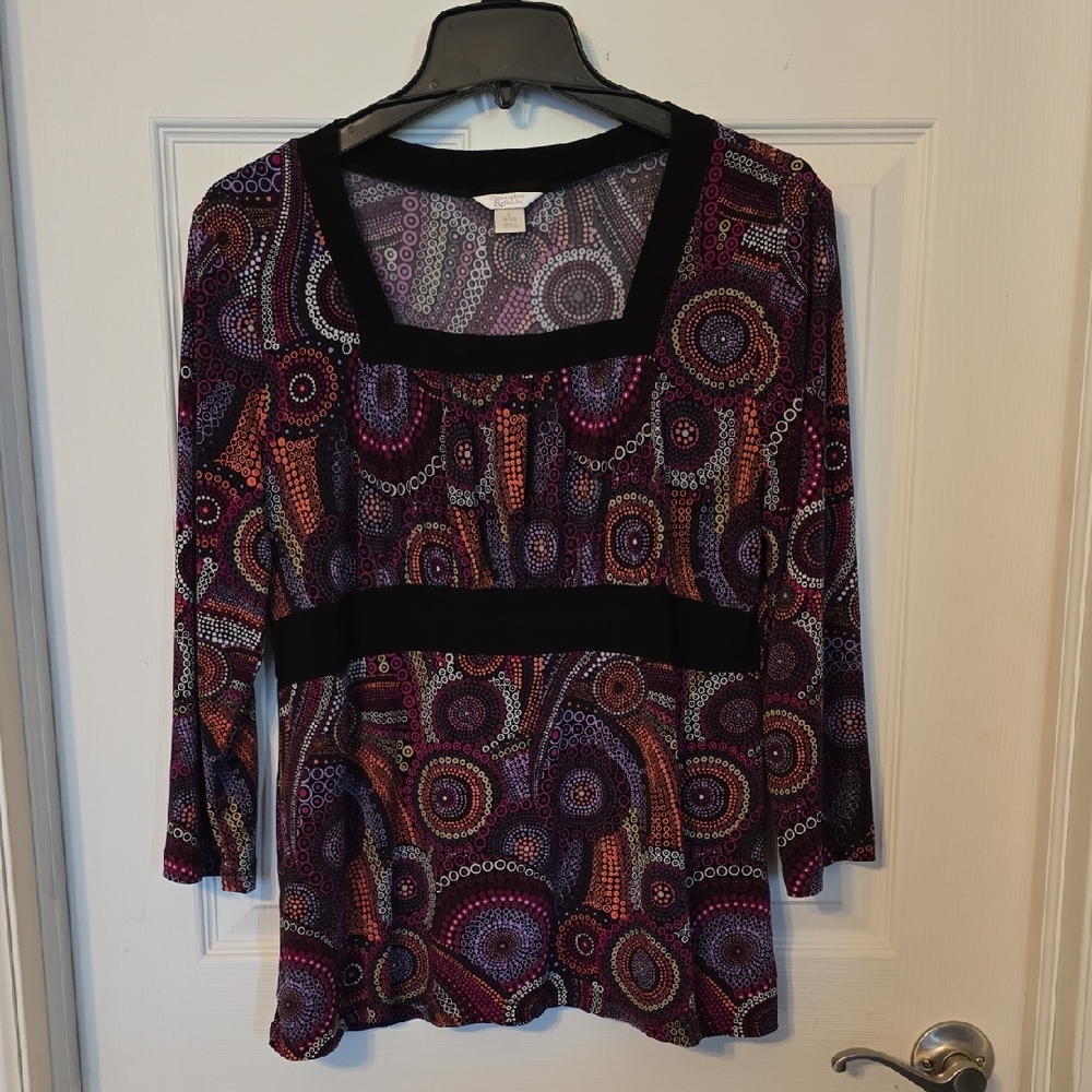 Christopher & Banks Purple Patterned Scoop-Neck Blouse with Black Accents